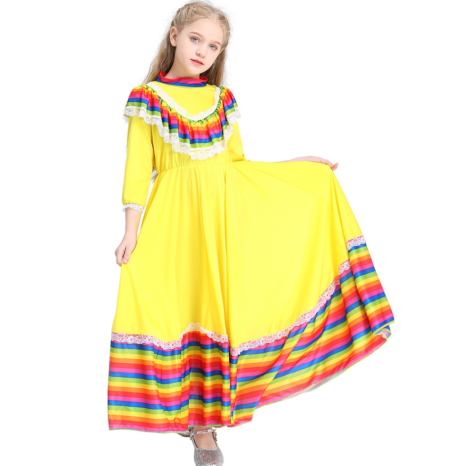 Mexican Girls Traditiona Princess Dress Cinco De Mayo Fiesta Carnival Costume